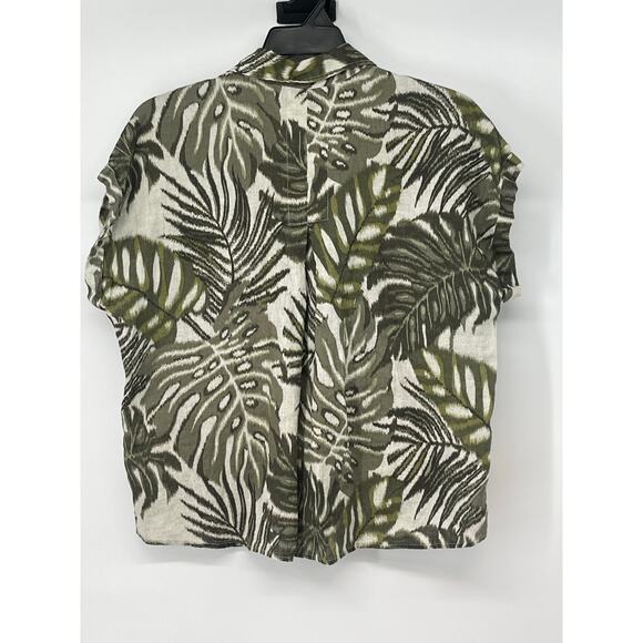 Ellie Tahari 100% Linen Green Palms Button Down Size M Tropical Resort‎ Cruise - Picture 1 of 5